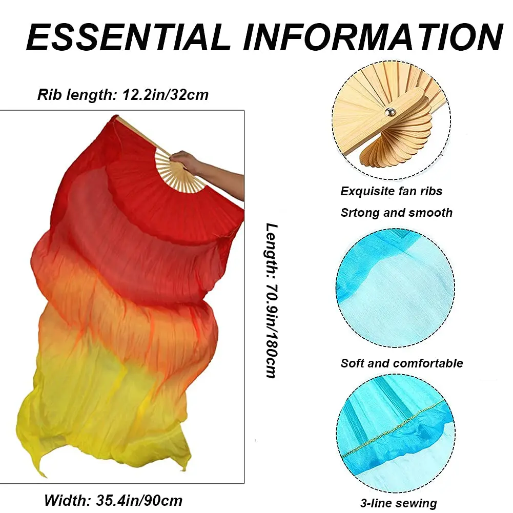 Nimiman Women 1 Pair Silk Belly Dance Fan Veil 180cm Length 90cm Width | Hand-Made Silk Performance Accessory - view 2