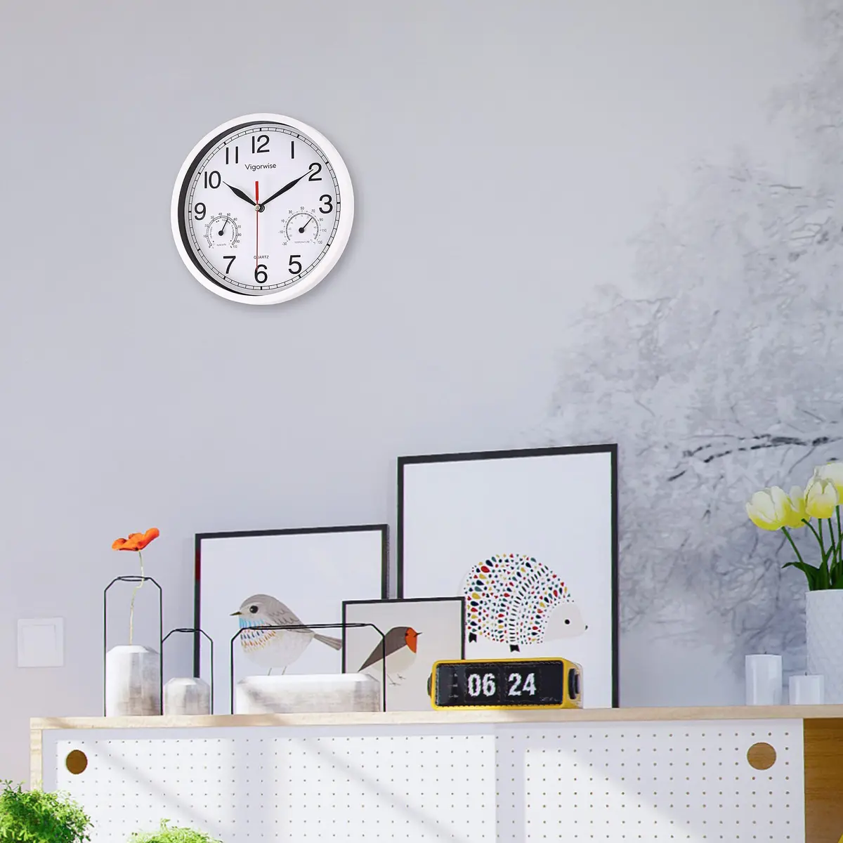 Vigorwise 8 Inch White Wall Clock Silent Wall Clocks with Temperature | Modern Home Decor with Thermo-Hygrometer - view 5