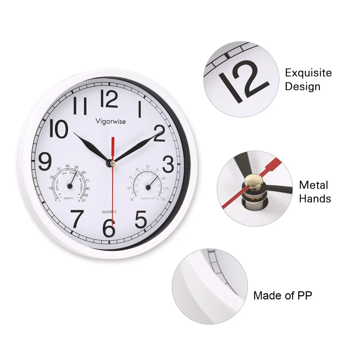 Vigorwise 8 Inch White Wall Clock Silent Wall Clocks with Temperature | Modern Home Decor with Thermo-Hygrometer - view 3