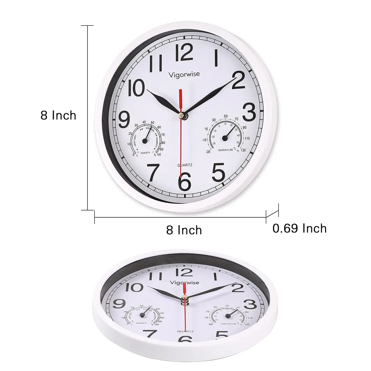 Vigorwise 8 Inch White Wall Clock Silent Wall Clocks with Temperature | Modern Home Decor with Thermo-Hygrometer - view 4