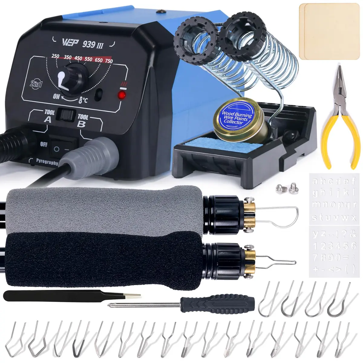 WEP 939-III Dual Pen Wood Burning Kit 34-in-1 | Professional Pyrography Tool with 20 Tips - main product image