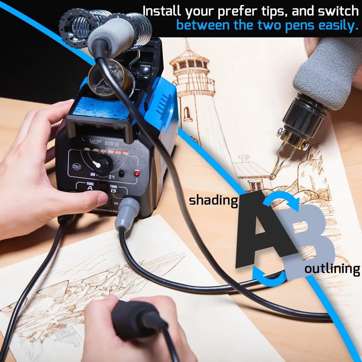 WEP 939-III Dual Pen Wood Burning Kit 34-in-1 | Professional Pyrography Tool with 20 Tips - view 5