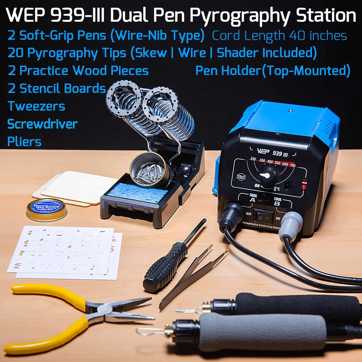 WEP 939-III Dual Pen Wood Burning Kit 34-in-1 | Professional Pyrography Tool with 20 Tips - view 4