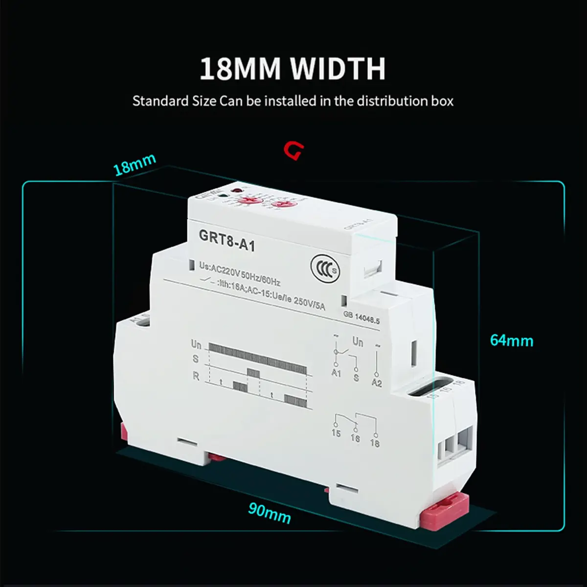 GEYA GRT8-A1 Single Function Delay On Timer Relay 230V AC | 16A Output, DIN Rail Mount - view 2