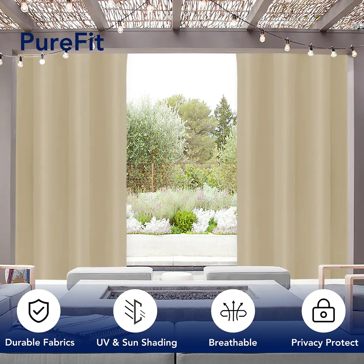 PureFit Waterproof Outdoor Curtains for Patio, 132cm x 213cm (52"W x 84"L) | UV Resistant Porch, Pergola, Balcony, Gazebo Curtains Sun Filtering Privacy Blinds - view 3