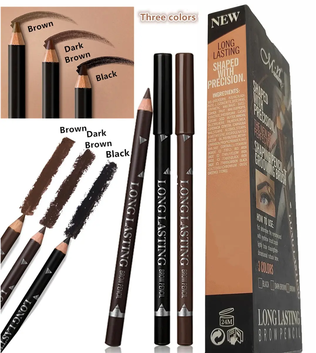 Go Ho Eyebrow & Eye Liner Pencil Set | Sweatproof, Long-lasting, 3 Colors (Black, Brown, Dark Brown) - view 8