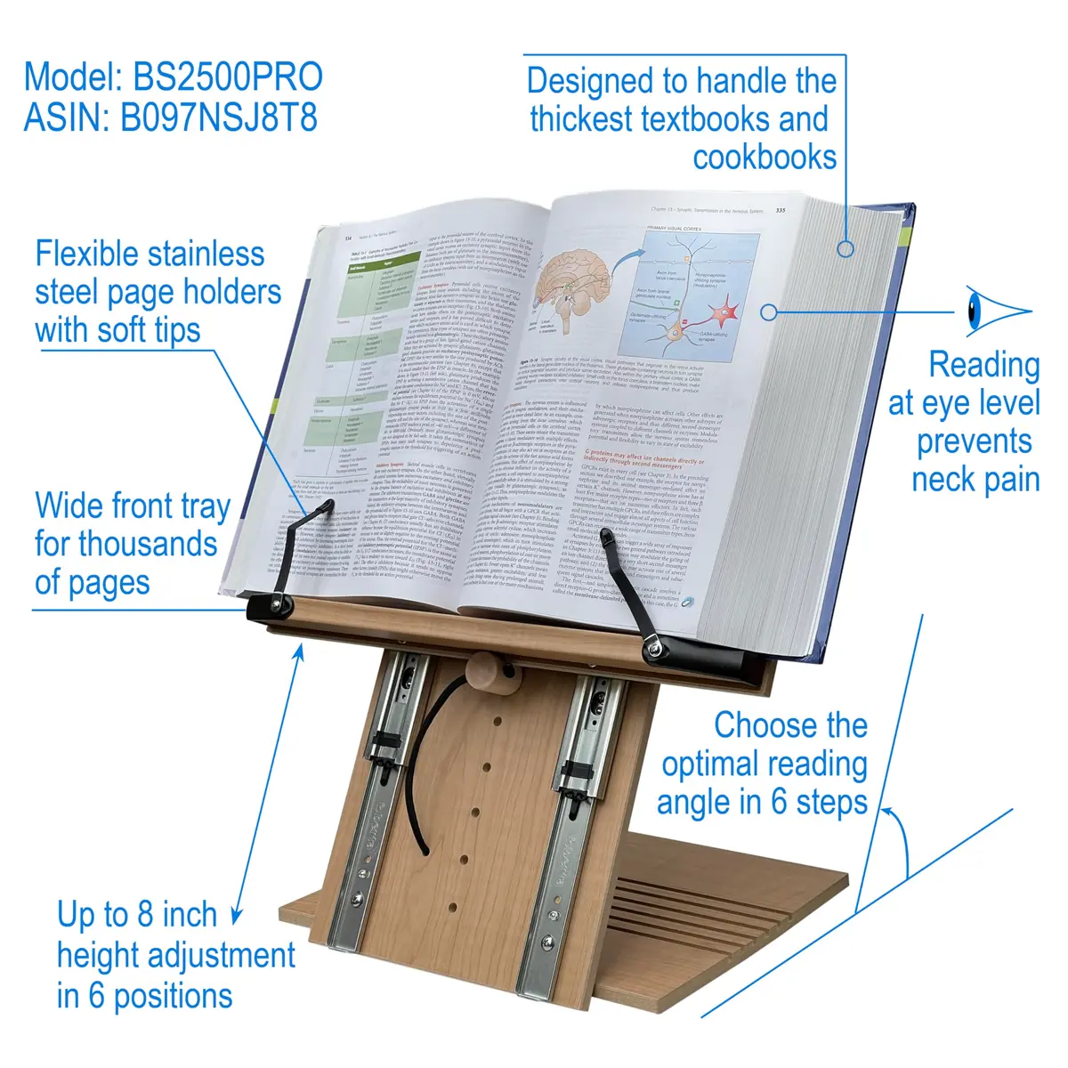 A+ BOOK STAND BS2500PRO XL Super Heavy Duty Book Stand 5.6 lb (2.54 kg) | Adjustable Height & Angle for Textbooks, Tablets, and Hands-Free Reading - view 2