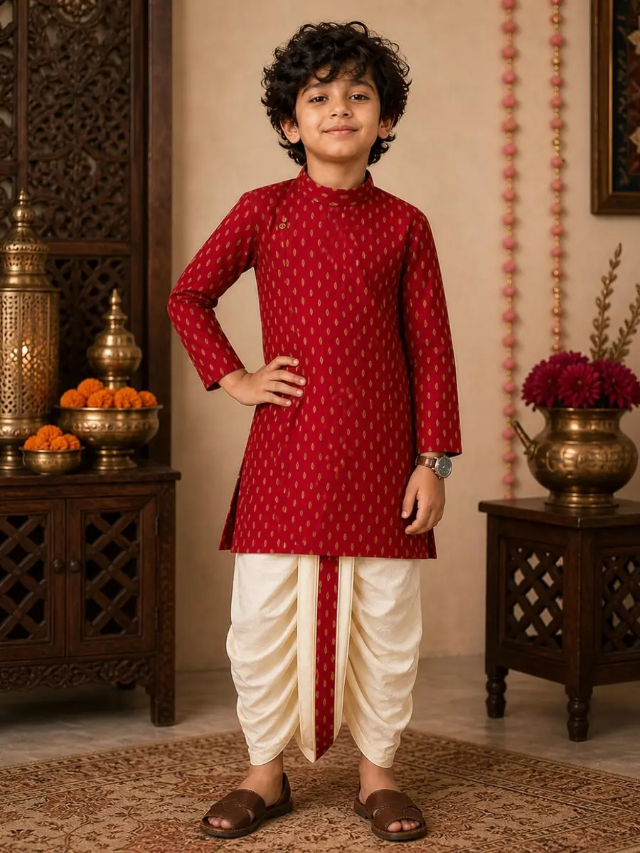 Superminis Boy's Cotton Kurta with Dhoti Set - Maroon, 18-24 Months | Traditional Ethnic Wear for Festivals - view 2