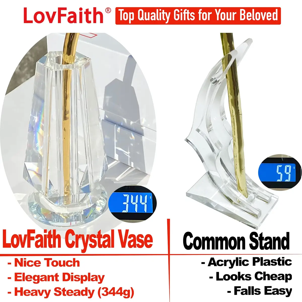 LovFaith 24K Gold Dipped Rose with Crystal Vase | Real Rose, Gold Plating, Elegant Gift for Her (70-120 chars) - view 5