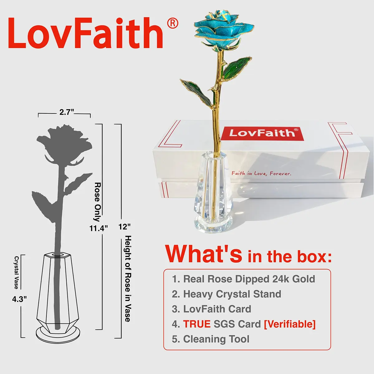 LovFaith 24K Gold Dipped Rose with Crystal Vase | Real Rose, Gold Plating, Elegant Gift for Her (70-120 chars) - view 6