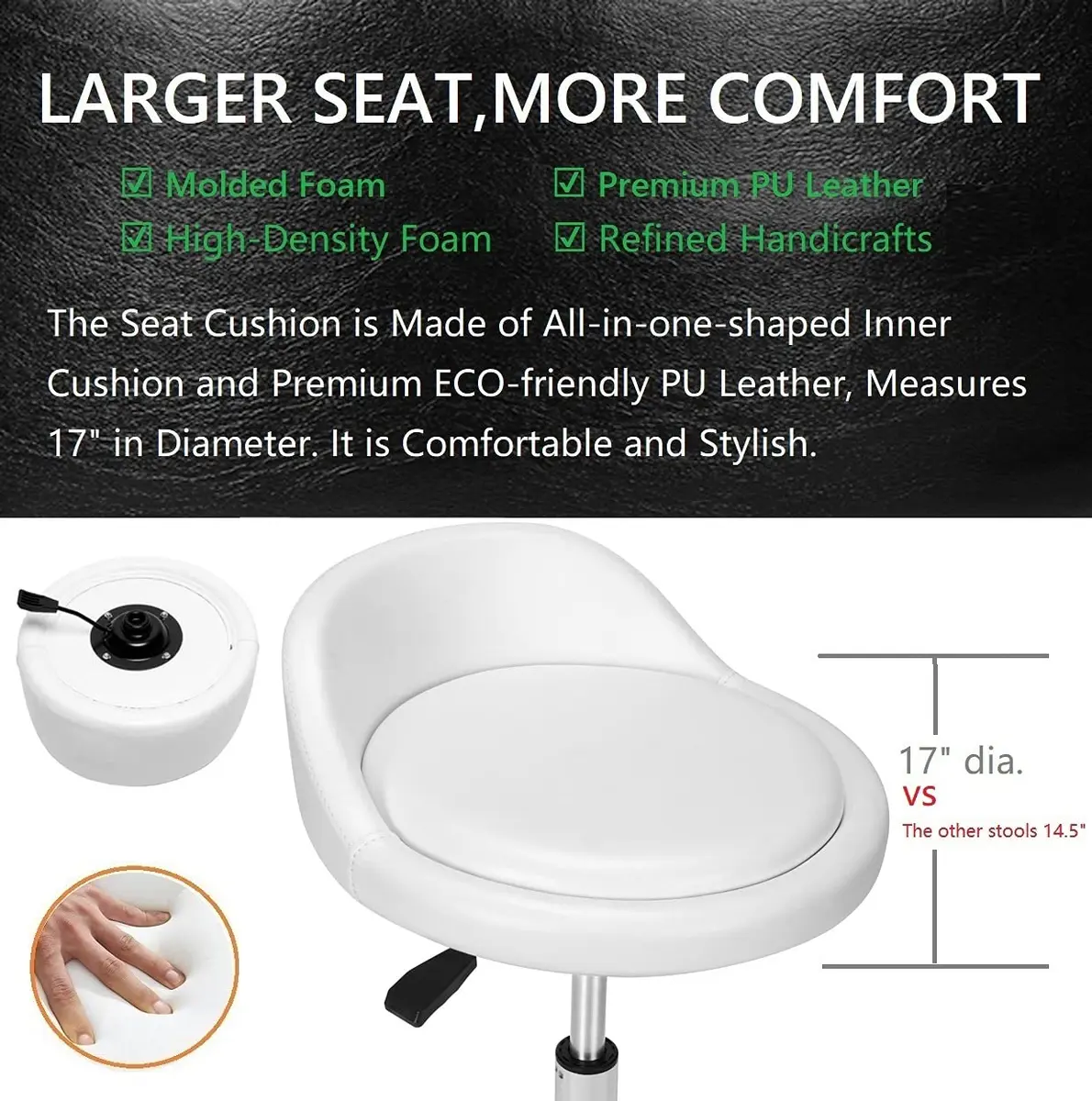 McDooFly White Heavy Duty Salon Stool with Back Support | 400lb Capacity, Adjustable Height, 17" Wide Seat - view 6