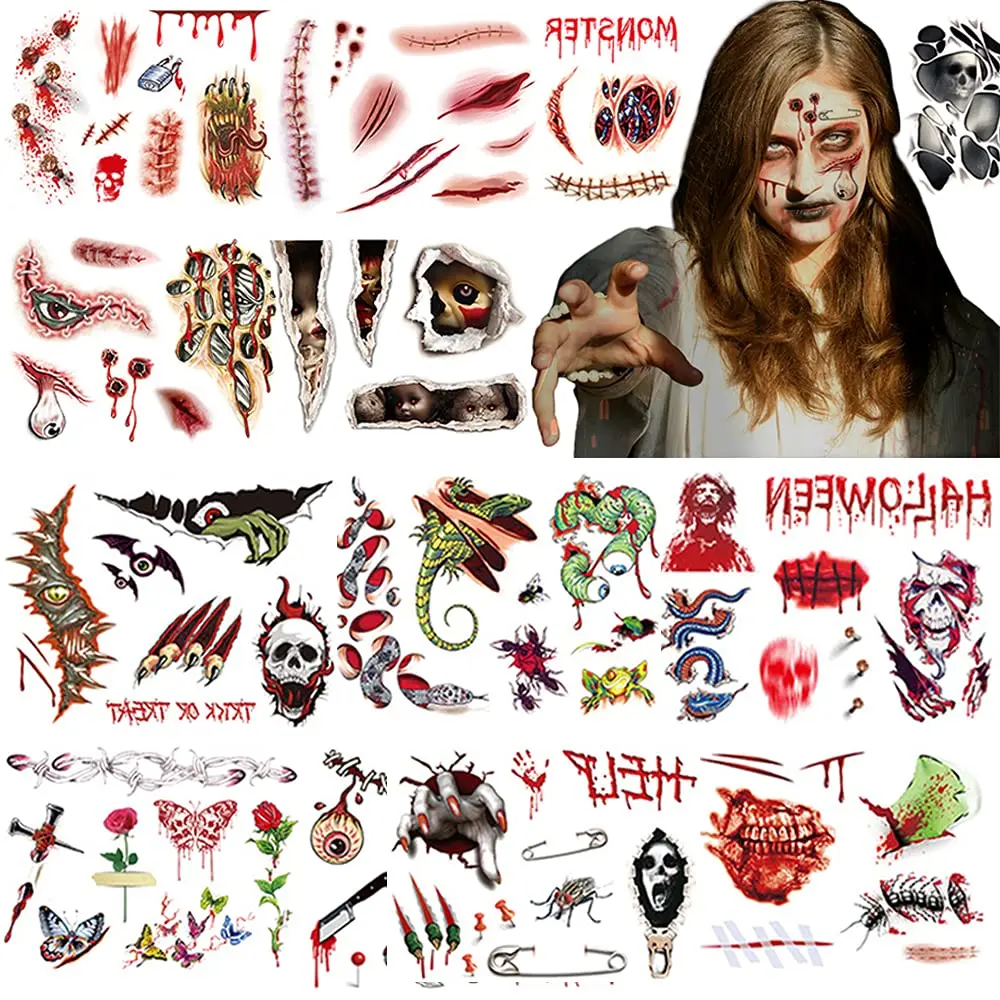 Adonisaon Day of the Dead Temporary Tattoos | Halloween Face & Body Stickers, 12 Sheets, Waterproof, Non-Toxic - main product image