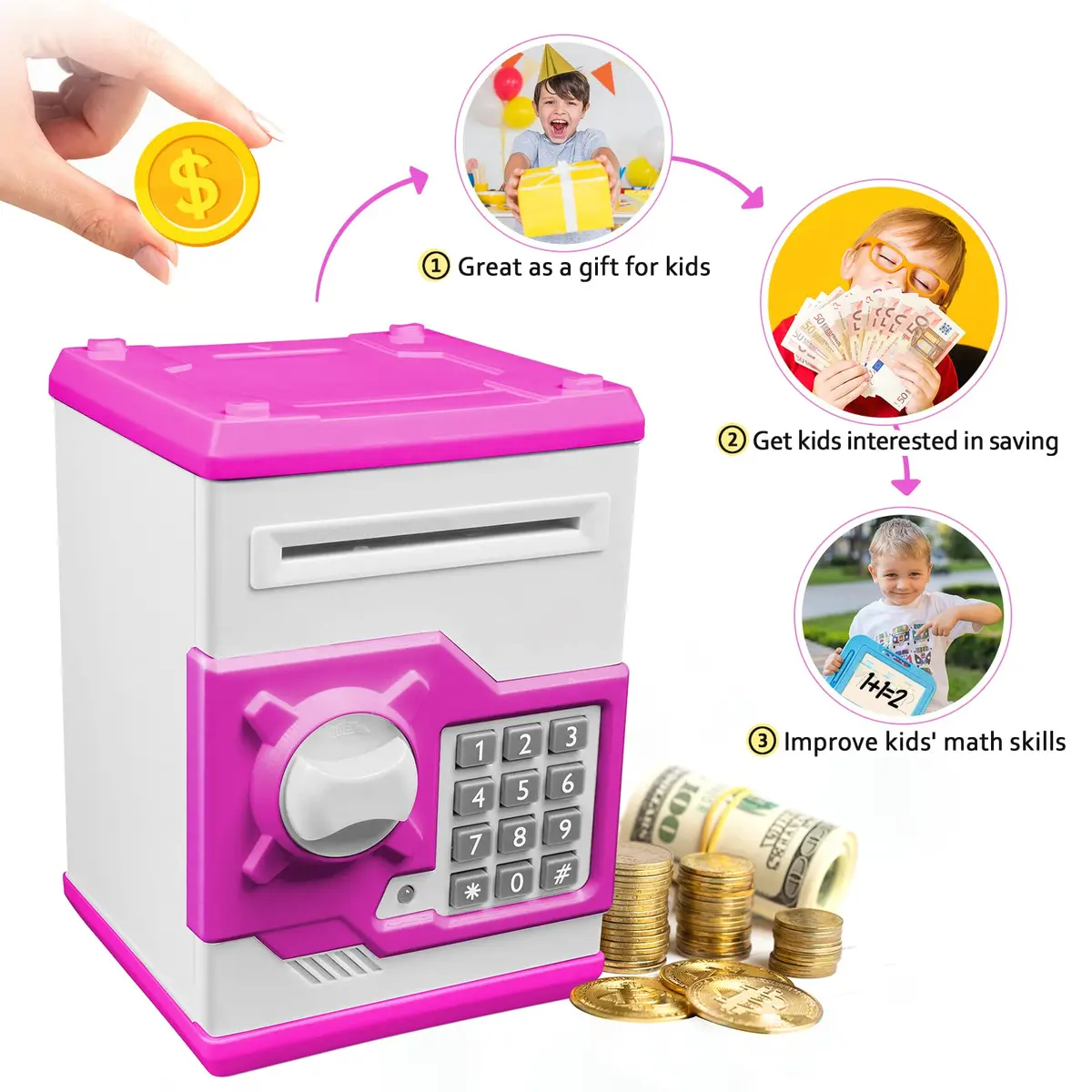 Vcertcpl ATM Piggy Bank for Boys Girls, Mini ATM Coin Bank Money Saving Box with Password, Kids Safe Money Jar for Adults with Auto Grab Bill Slot, Great Gift Toy Bank For Kids (Purple White) (1 Unit) - view 5