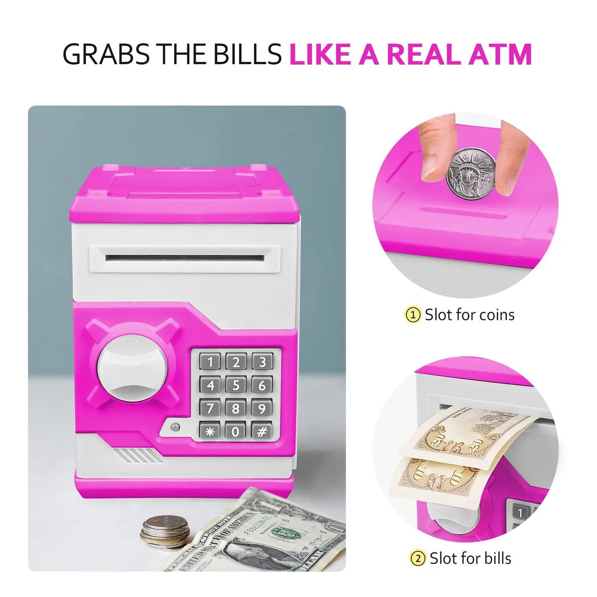 Vcertcpl ATM Piggy Bank for Boys Girls, Mini ATM Coin Bank Money Saving Box with Password, Kids Safe Money Jar for Adults with Auto Grab Bill Slot, Great Gift Toy Bank For Kids (Purple White) (1 Unit) - view 6