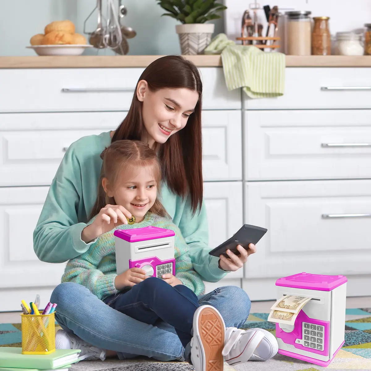 Vcertcpl ATM Piggy Bank for Boys Girls, Mini ATM Coin Bank Money Saving Box with Password, Kids Safe Money Jar for Adults with Auto Grab Bill Slot, Great Gift Toy Bank For Kids (Purple White) (1 Unit) - view 7