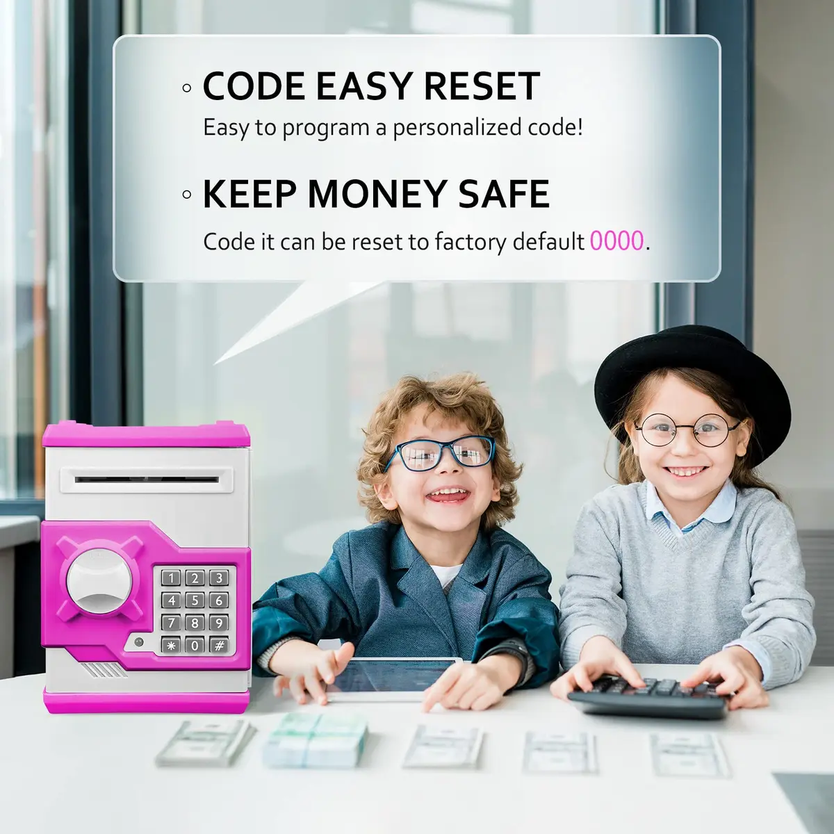 Vcertcpl ATM Piggy Bank for Boys Girls, Mini ATM Coin Bank Money Saving Box with Password, Kids Safe Money Jar for Adults with Auto Grab Bill Slot, Great Gift Toy Bank For Kids (Purple White) (1 Unit) - view 2