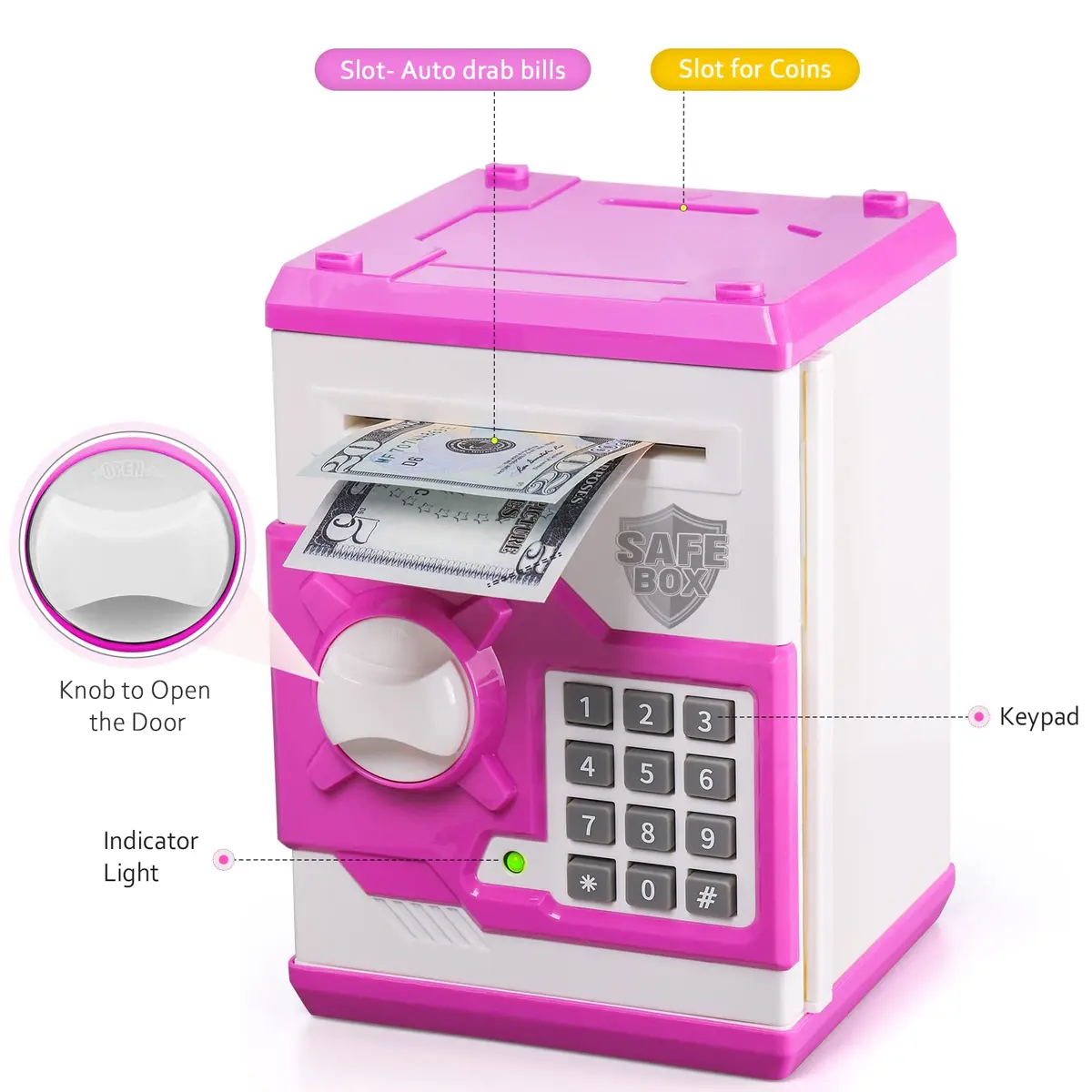 Vcertcpl ATM Piggy Bank for Boys Girls, Mini ATM Coin Bank Money Saving Box with Password, Kids Safe Money Jar for Adults with Auto Grab Bill Slot, Great Gift Toy Bank For Kids (Purple White) (1 Unit) - view 3