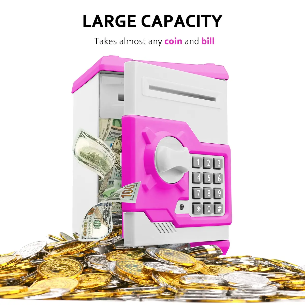 Vcertcpl ATM Piggy Bank for Boys Girls, Mini ATM Coin Bank Money Saving Box with Password, Kids Safe Money Jar for Adults with Auto Grab Bill Slot, Great Gift Toy Bank For Kids (Purple White) (1 Unit) - view 4