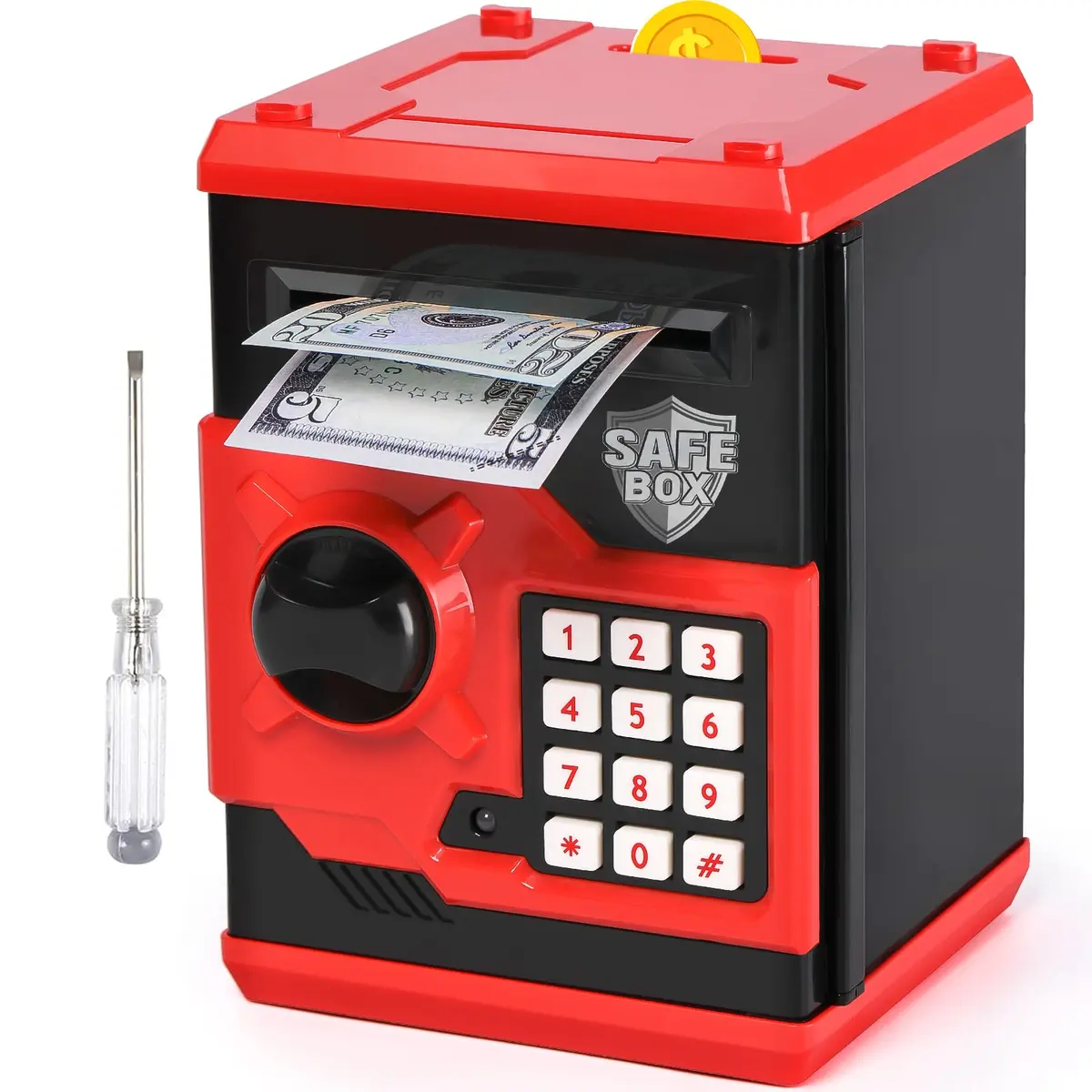 Vcertcpl Mini ATM Coin Bank Money Saving Box with Password | Kids Safe Money Jar for Boys Girls (Red+Black) - main product image