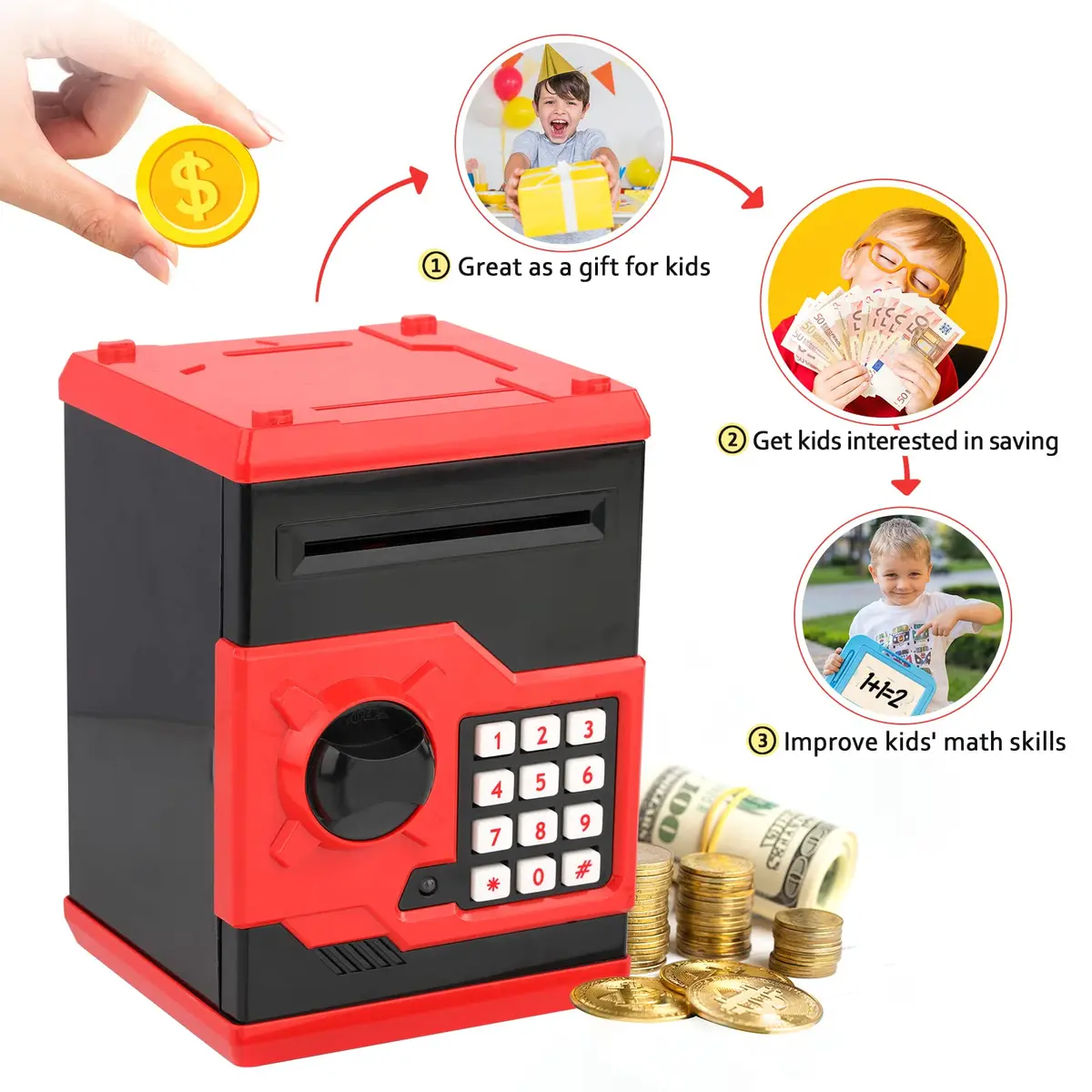 Vcertcpl Mini ATM Coin Bank Money Saving Box with Password | Kids Safe Money Jar for Boys Girls (Red+Black) - view 5