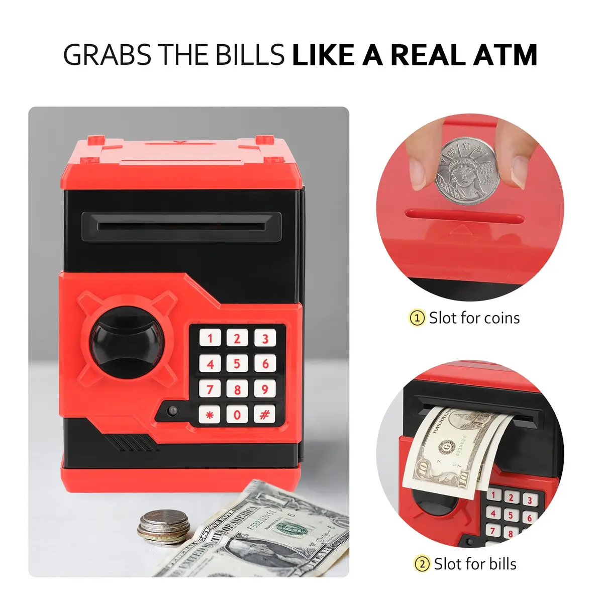 Vcertcpl Mini ATM Coin Bank Money Saving Box with Password | Kids Safe Money Jar for Boys Girls (Red+Black) - view 6