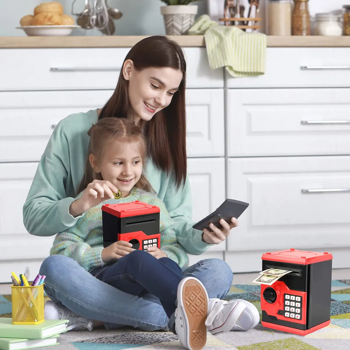 Vcertcpl Mini ATM Coin Bank Money Saving Box with Password | Kids Safe Money Jar for Boys Girls (Red+Black) - view 7