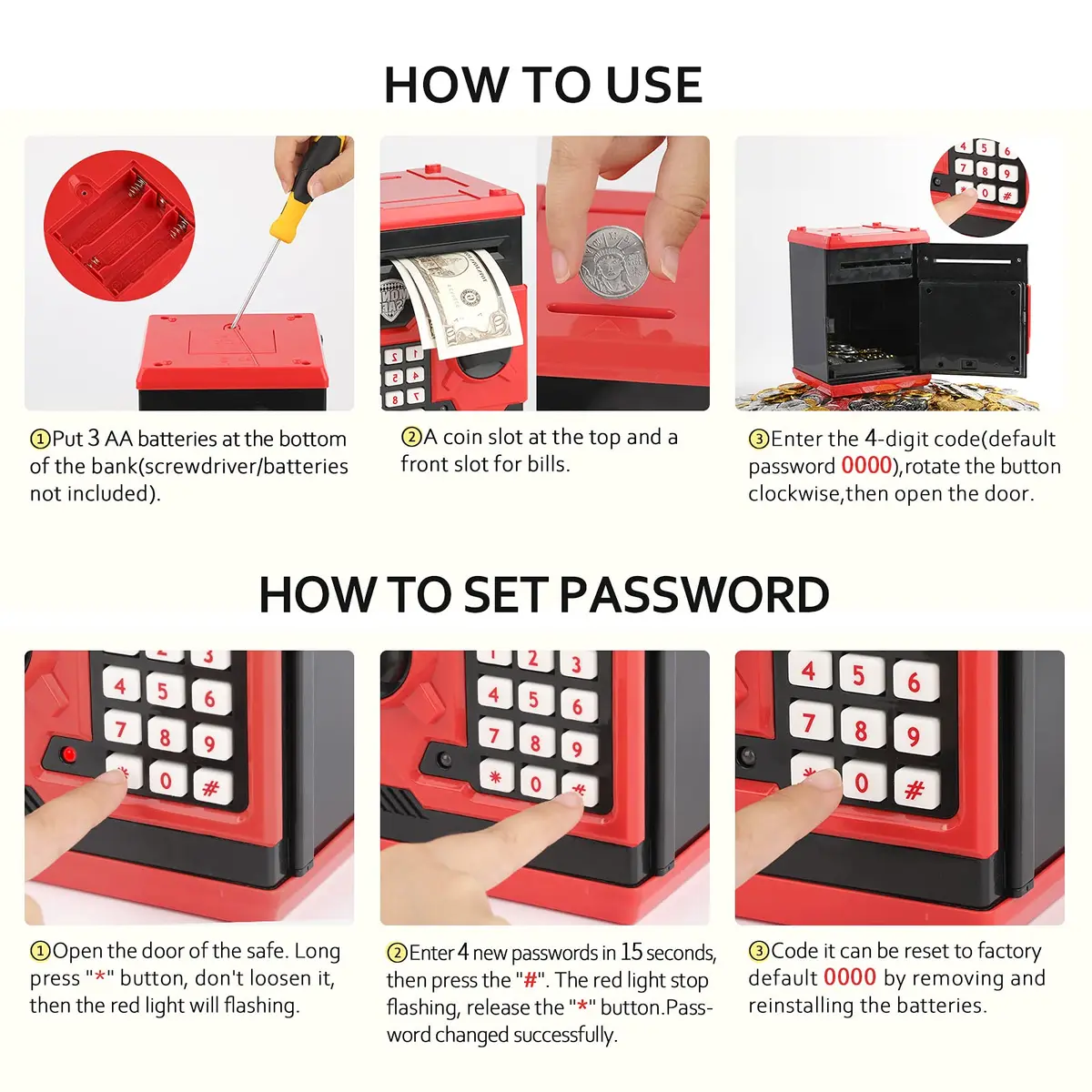 Vcertcpl Mini ATM Coin Bank Money Saving Box with Password | Kids Safe Money Jar for Boys Girls (Red+Black) - view 8