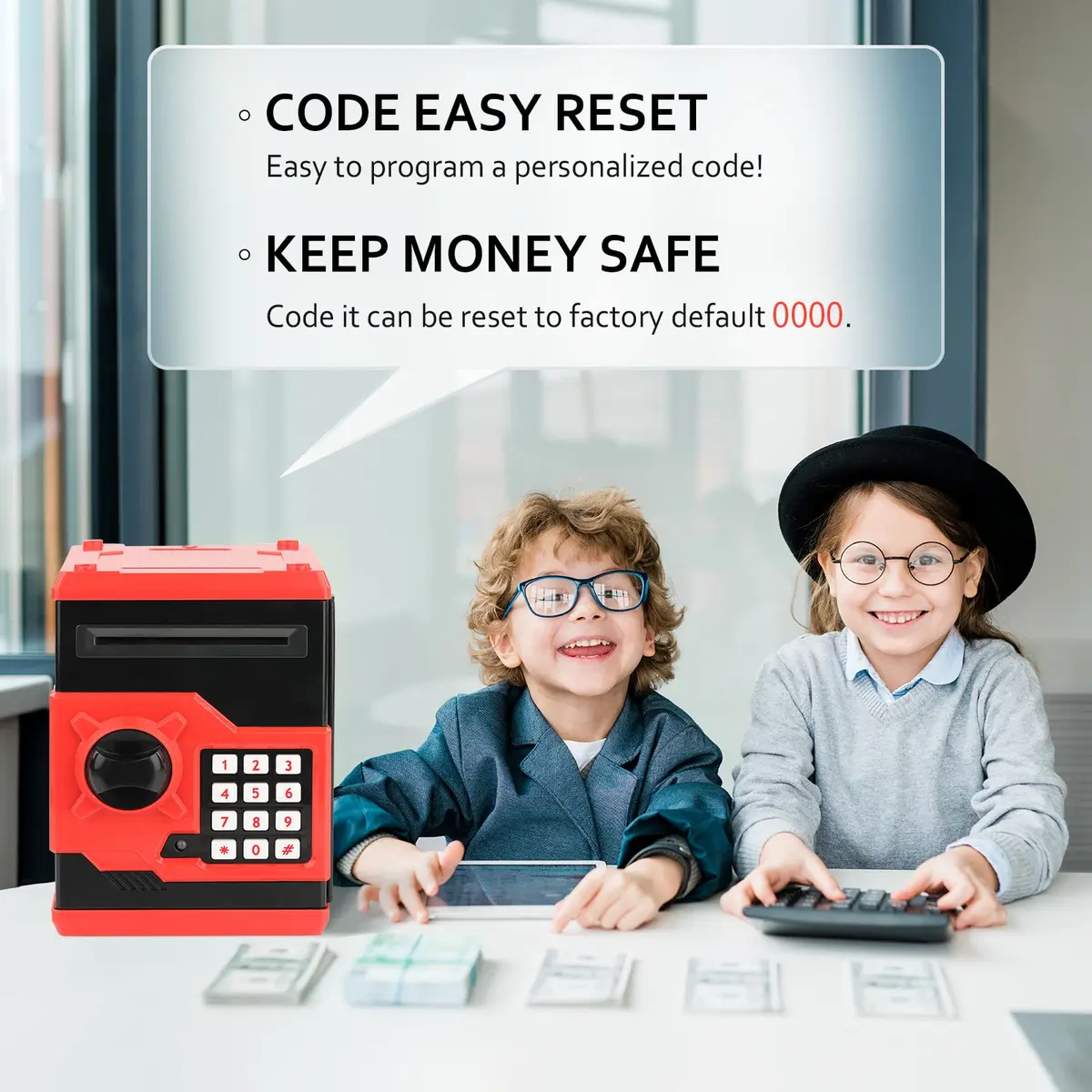 Vcertcpl Mini ATM Coin Bank Money Saving Box with Password | Kids Safe Money Jar for Boys Girls (Red+Black) - view 2