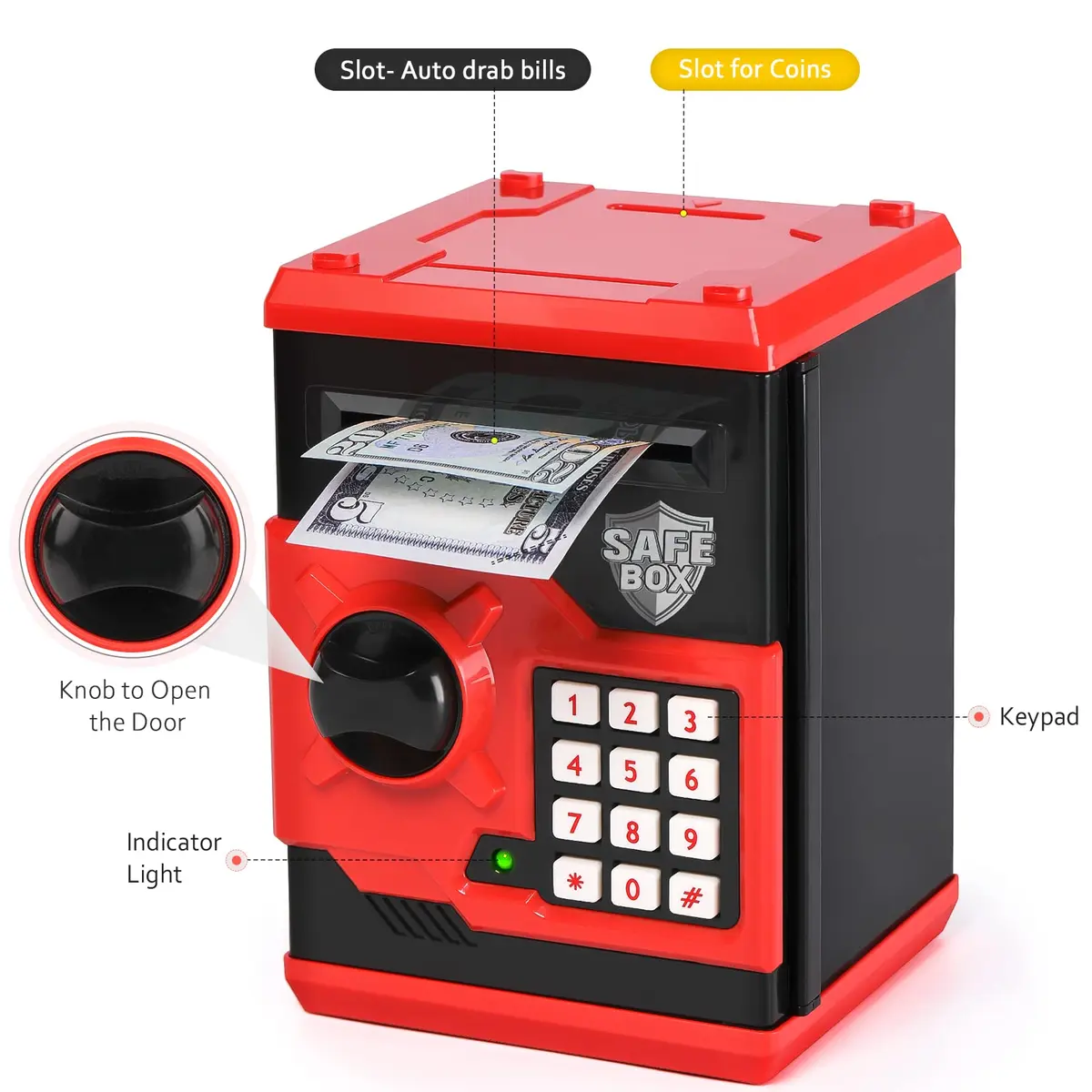 Vcertcpl Mini ATM Coin Bank Money Saving Box with Password | Kids Safe Money Jar for Boys Girls (Red+Black) - view 3