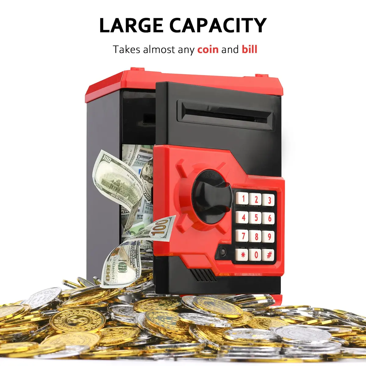 Vcertcpl Mini ATM Coin Bank Money Saving Box with Password | Kids Safe Money Jar for Boys Girls (Red+Black) - view 4