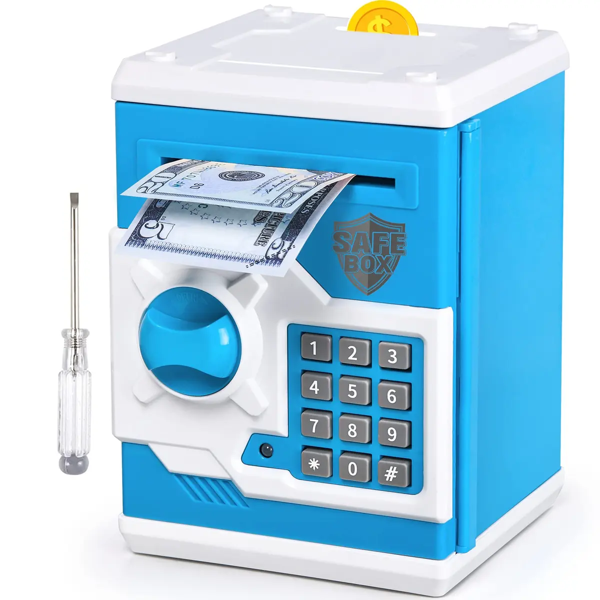 Vcertcpl ATM Piggy Bank for Boys Girls | Safe Coin Bank with Password, Large Capacity, Blue - main product image