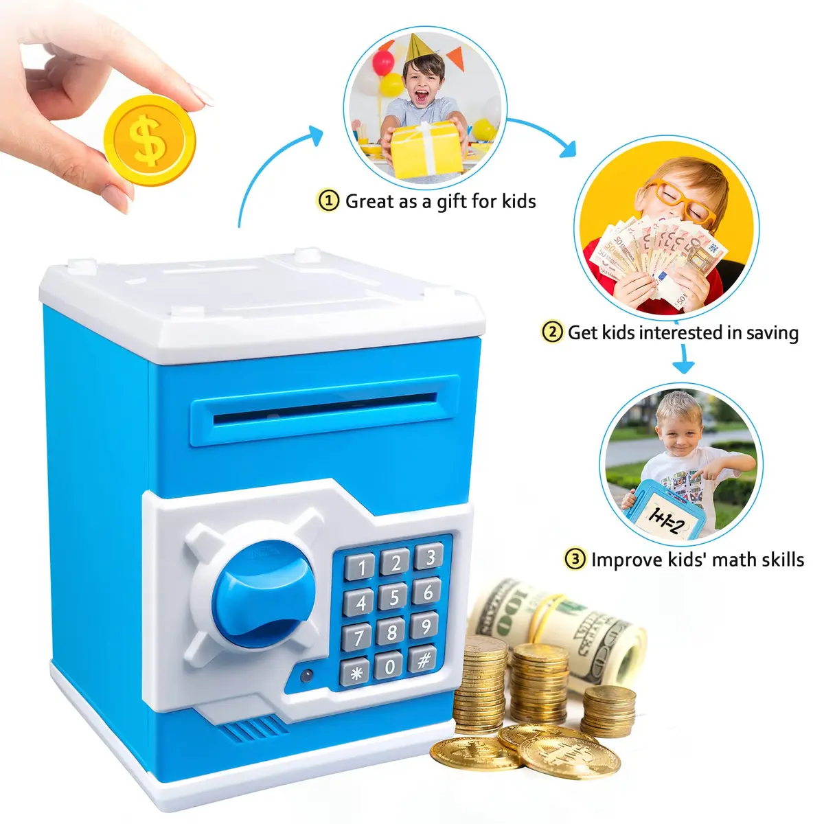Vcertcpl ATM Piggy Bank for Boys Girls | Safe Coin Bank with Password, Large Capacity, Blue - view 5