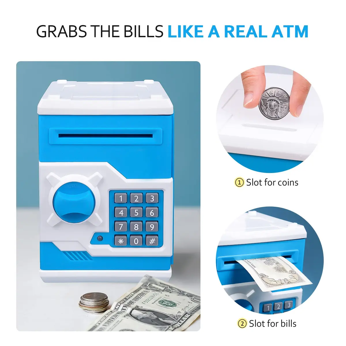 Vcertcpl ATM Piggy Bank for Boys Girls | Safe Coin Bank with Password, Large Capacity, Blue - view 6