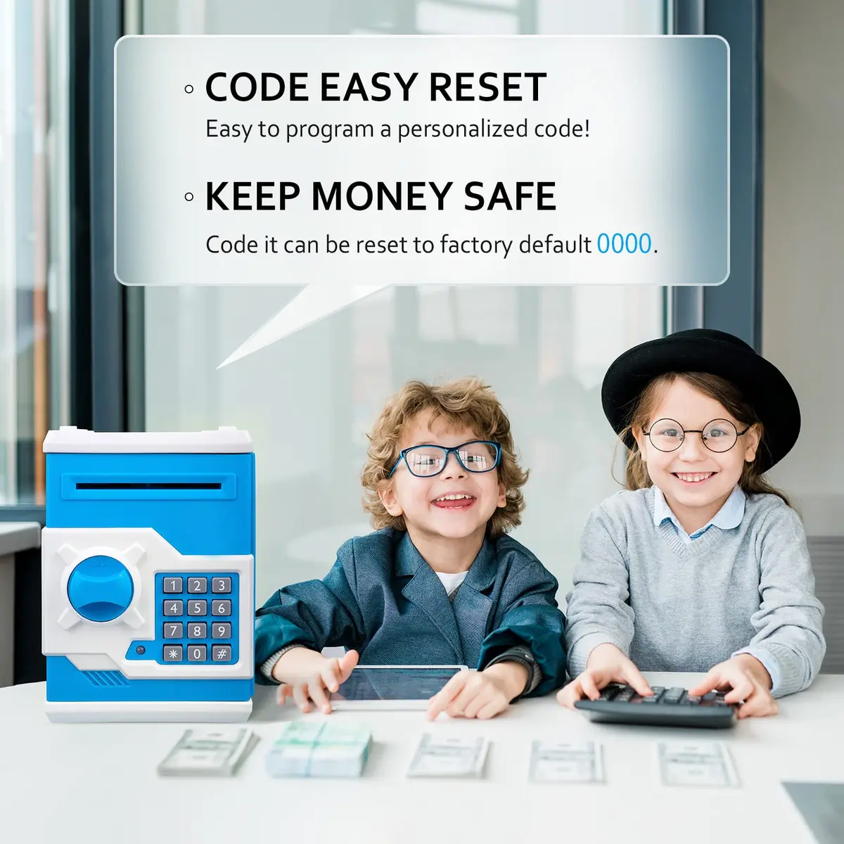 Vcertcpl ATM Piggy Bank for Boys Girls | Safe Coin Bank with Password, Large Capacity, Blue - view 2