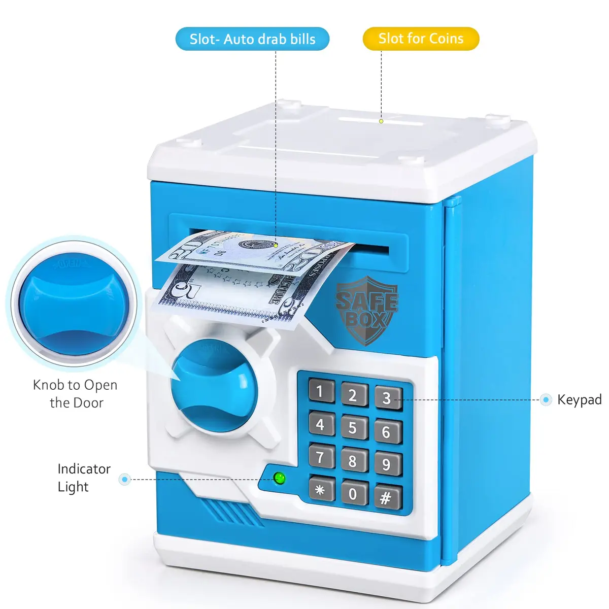 Vcertcpl ATM Piggy Bank for Boys Girls | Safe Coin Bank with Password, Large Capacity, Blue - view 3