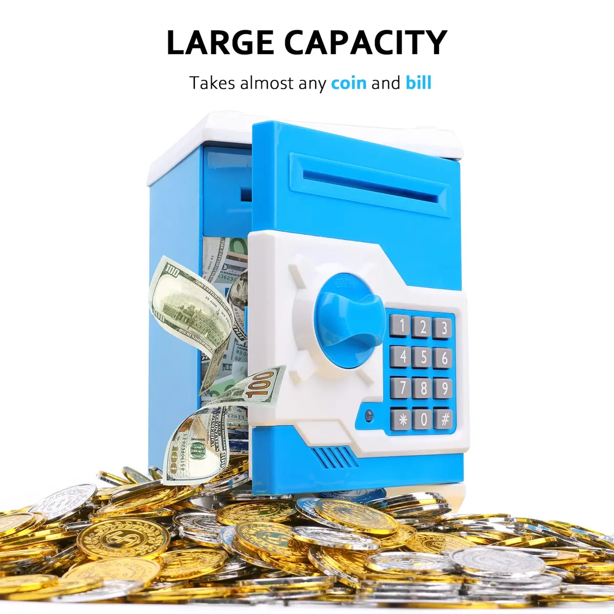 Vcertcpl ATM Piggy Bank for Boys Girls | Safe Coin Bank with Password, Large Capacity, Blue - view 4