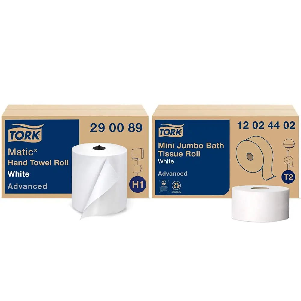 Tork Matic Paper Hand Towel Roll H1 (6 Rolls, 700 ft each) & Tork Mini Jumbo Toilet Paper Roll T2 (12 Rolls, 751 ft each) | Recycled Fiber, High Absorbency - main product image