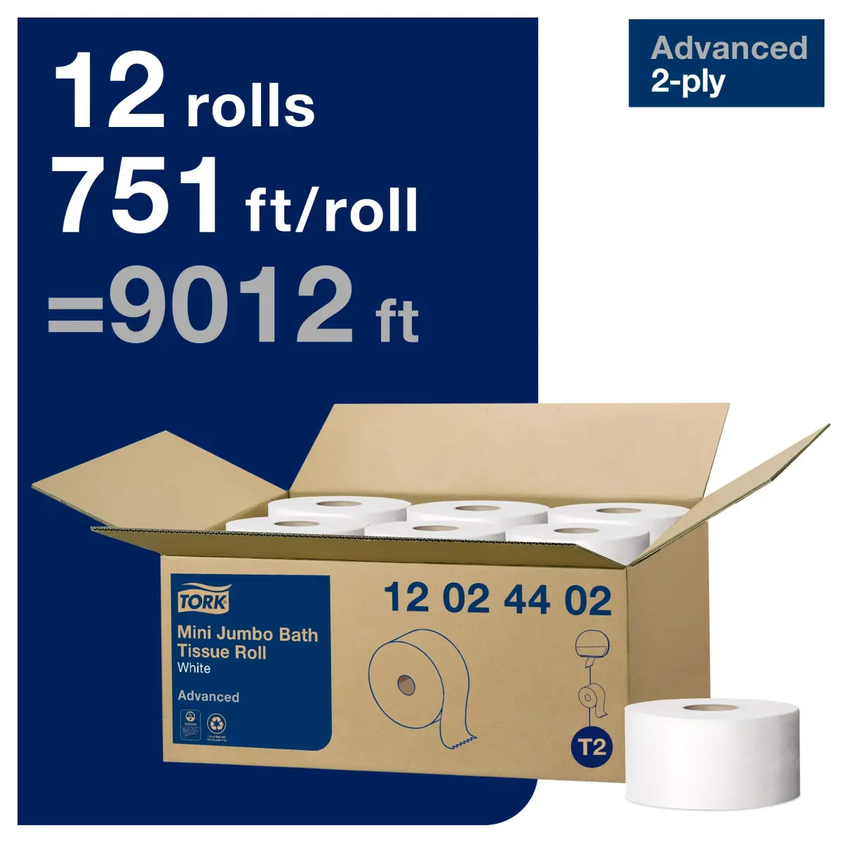 Tork Matic Paper Hand Towel Roll H1 (6 Rolls, 700 ft each) & Tork Mini Jumbo Toilet Paper Roll T2 (12 Rolls, 751 ft each) | Recycled Fiber, High Absorbency - view 6
