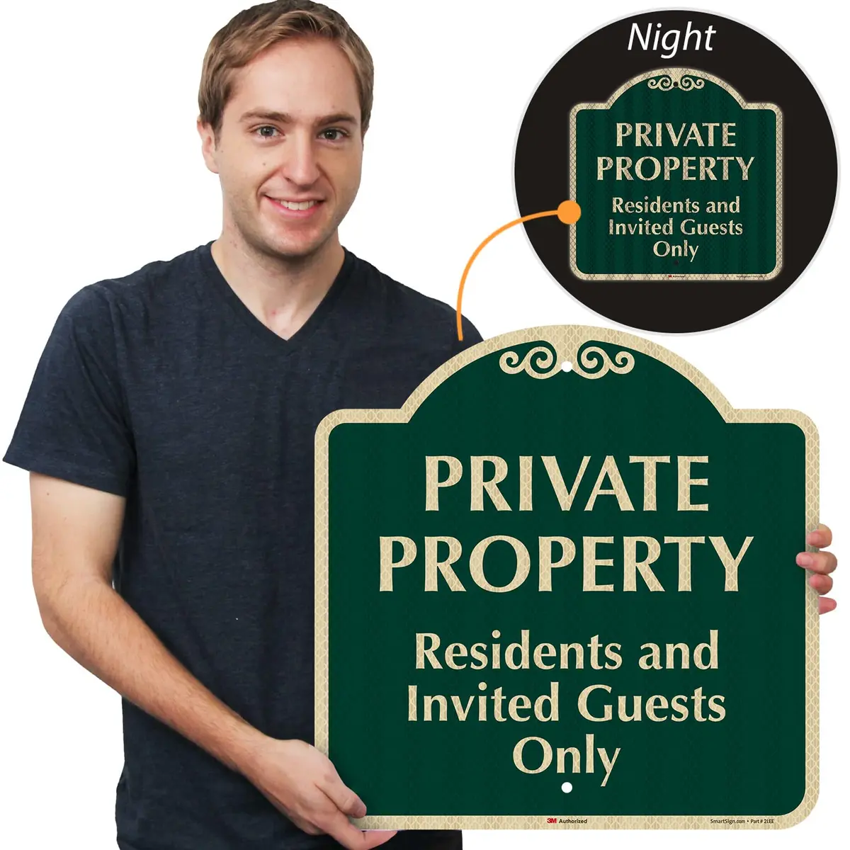 SmartSign 18" x 18" Residents and Invited Guests Designer Sign, Green/Ivory | Reflective Aluminum Sign for Safety & Privacy - view 2