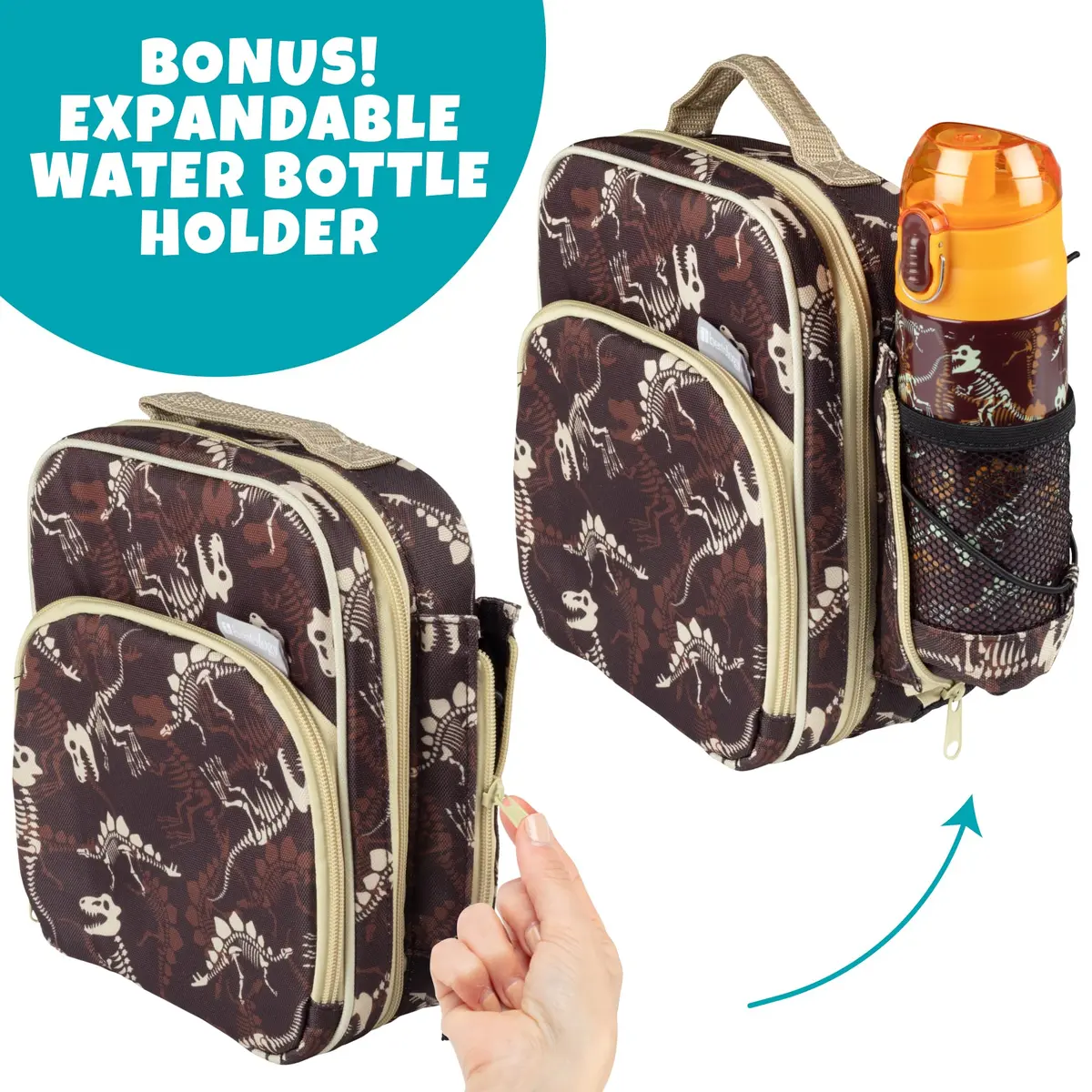 Bentology Kids Insulated Lunch Bag Set with Water Bottle and Hard Ice Pack - Dinosaur Theme, 10 x 8 x 3.5 inches - view 6