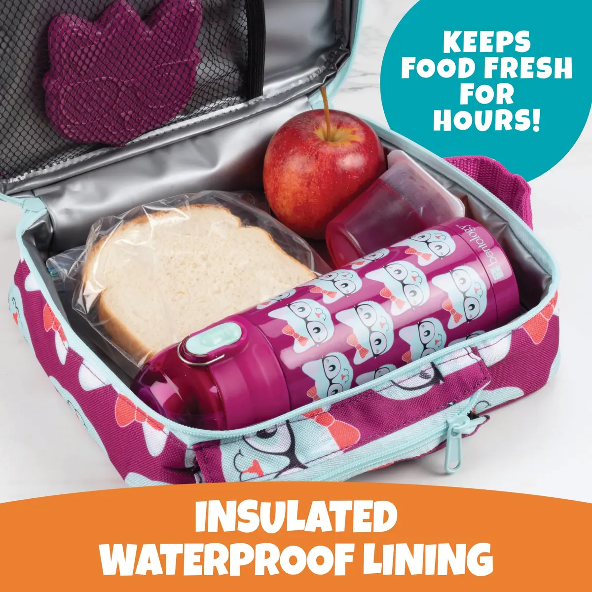 Bentology Kitty Cat Insulated Lunch Bag Set with Water Bottle & Ice Pack - 10 x 8 x 3.5 inches - view 2