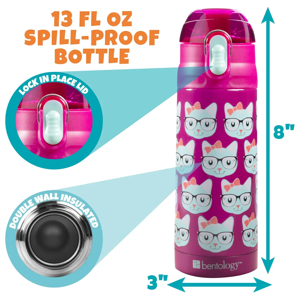 Bentology Kitty Cat Insulated Lunch Bag Set with Water Bottle & Ice Pack - 10 x 8 x 3.5 inches - view 3