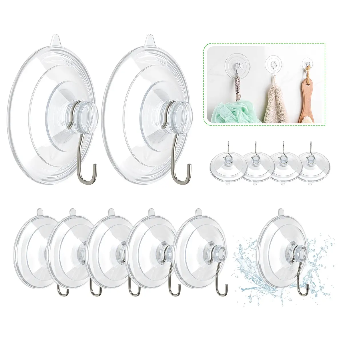 Hangerspace Suction Cup Hooks, 12 Pack | Clear PVC & Stainless Steel, Reusable, Waterproof, 2 Large, 6 Medium, 4 Small - main product image