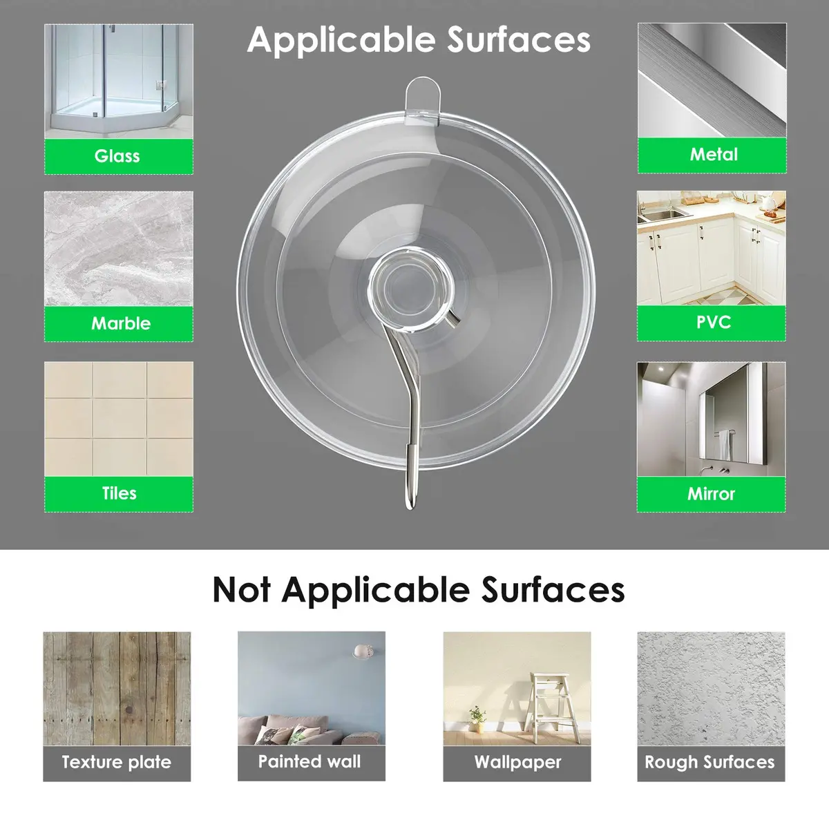 Hangerspace Suction Cup Hooks, 12 Pack | Clear PVC & Stainless Steel, Reusable, Waterproof, 2 Large, 6 Medium, 4 Small - view 7