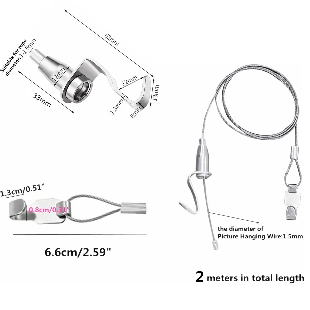 alblinsy 6.56 ft Picture Rail Hanging System | Stainless Steel Cable Wire with Adjustable Photo Hook for Wall Art Display - view 2