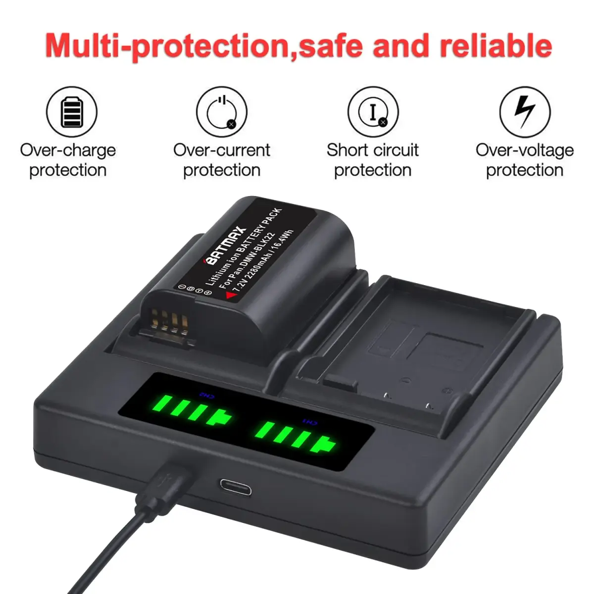Batmax DMW-BLK22 Battery 2280mAh (7.2V) & Dual USB Charger Set | CE Certified for Panasonic Lumix DC-S5, GH6, GH5 II - view 5
