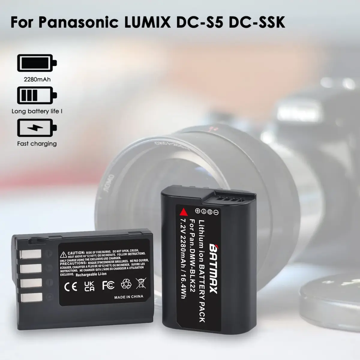 Batmax DMW-BLK22 Battery 2280mAh (7.2V) & Dual USB Charger Set | CE Certified for Panasonic Lumix DC-S5, GH6, GH5 II - view 3
