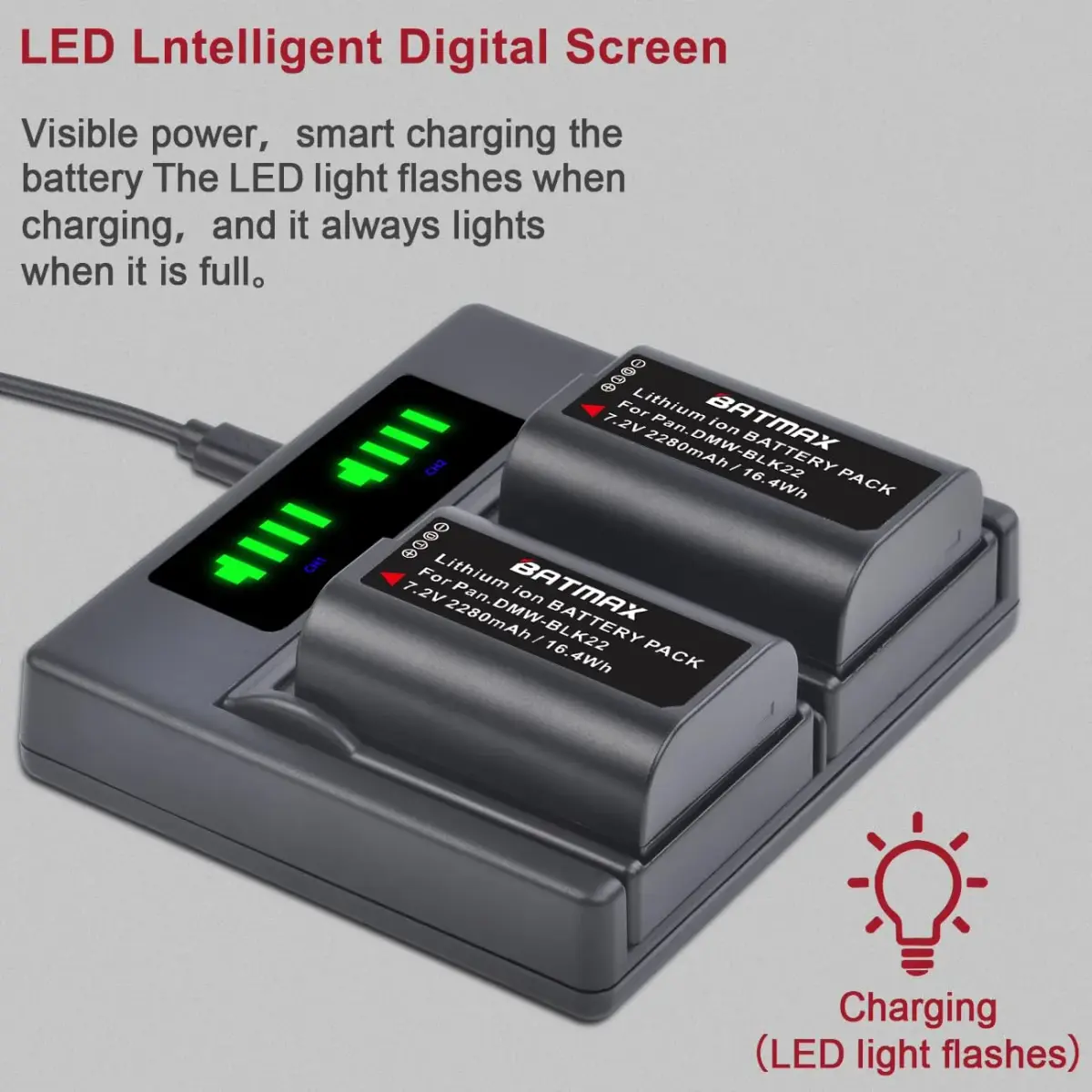 Batmax DMW-BLK22 Battery 2280mAh (7.2V) & Dual USB Charger Set | CE Certified for Panasonic Lumix DC-S5, GH6, GH5 II - view 4