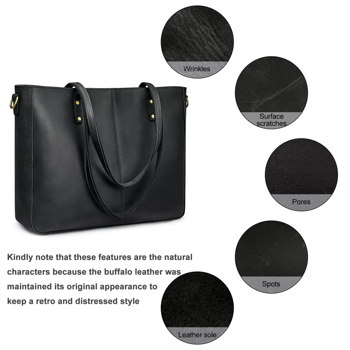 S-ZONE Genuine Leather Shoulder Tote Bag for Women Large Handbag Work Purse | Vintage Cowhide, Detachable Pouch - view 7