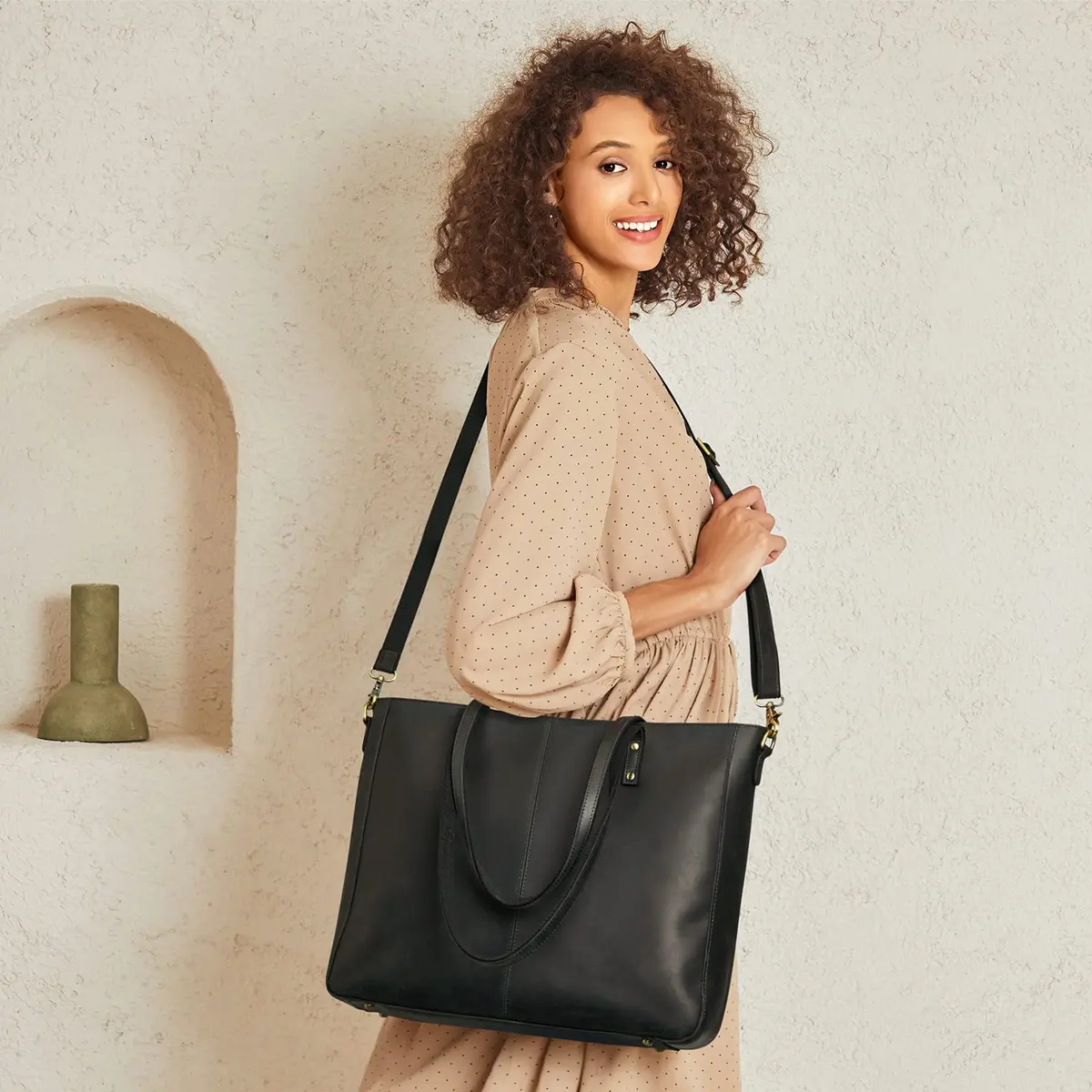 S-ZONE Genuine Leather Shoulder Tote Bag for Women Large Handbag Work Purse | Vintage Cowhide, Detachable Pouch - view 2
